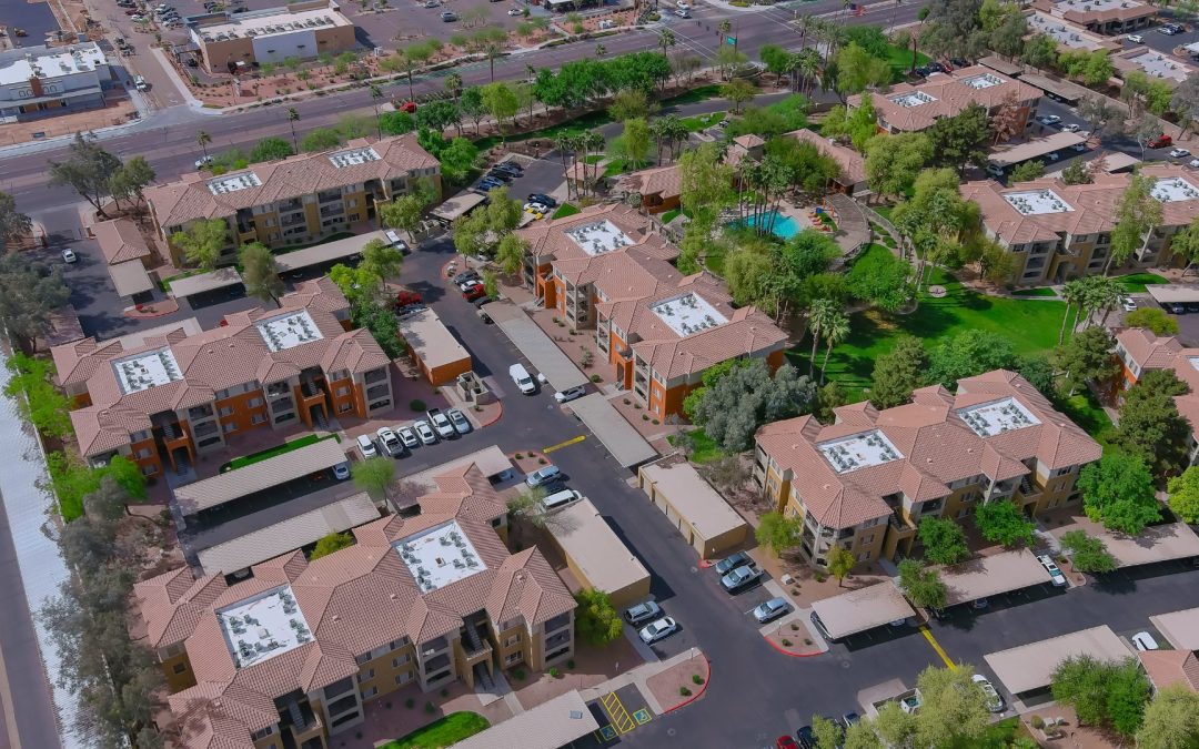 An aerial image of rooftops in a quiet Northern Arizona neighborhood.