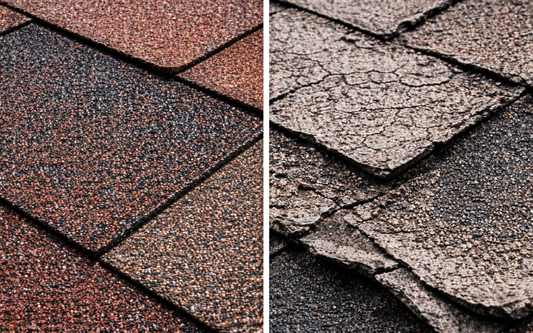 Side-by-side of dry, damaged, and brittle shingles on the right, and healthy, flexible shingles on the left.