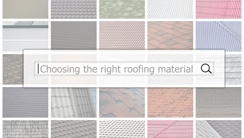 A grid of different roofing materials, including metal, tile, asphalt shingle, and slate. In the middle is a search bar that says, "Choosing the right roofing material"