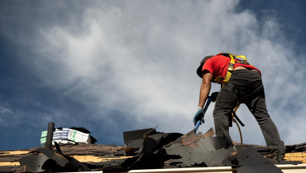 A professional roofer tears off dry, cracked, and damaged asphalt shingles after a hailstorm, preparing to put in a new roof.