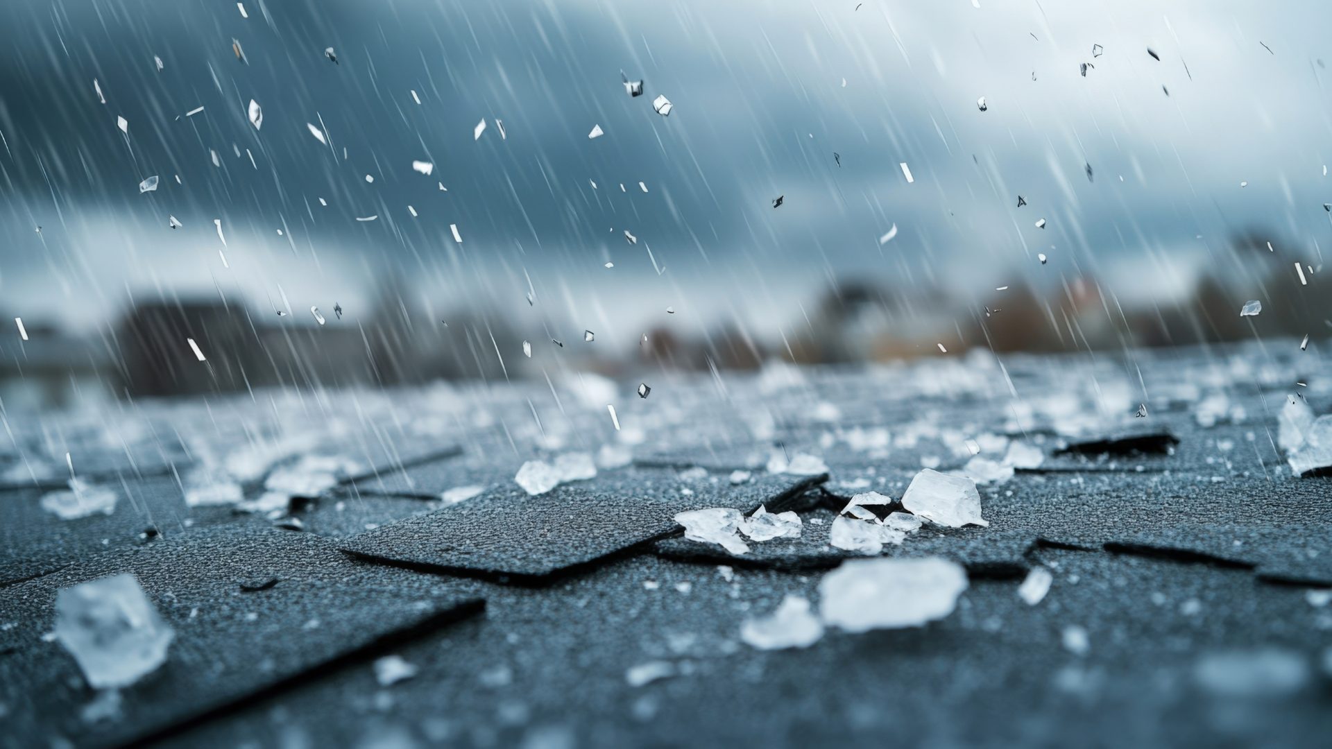 roof-restoration Hailstorm with ice pellets striking roof shingles during severe weather event.