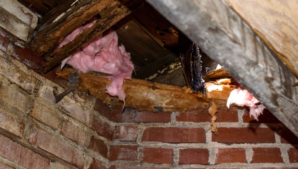 Exposed wood beams in an attic are rotting from leaks and water damage. Daylight pokes through in areas.
