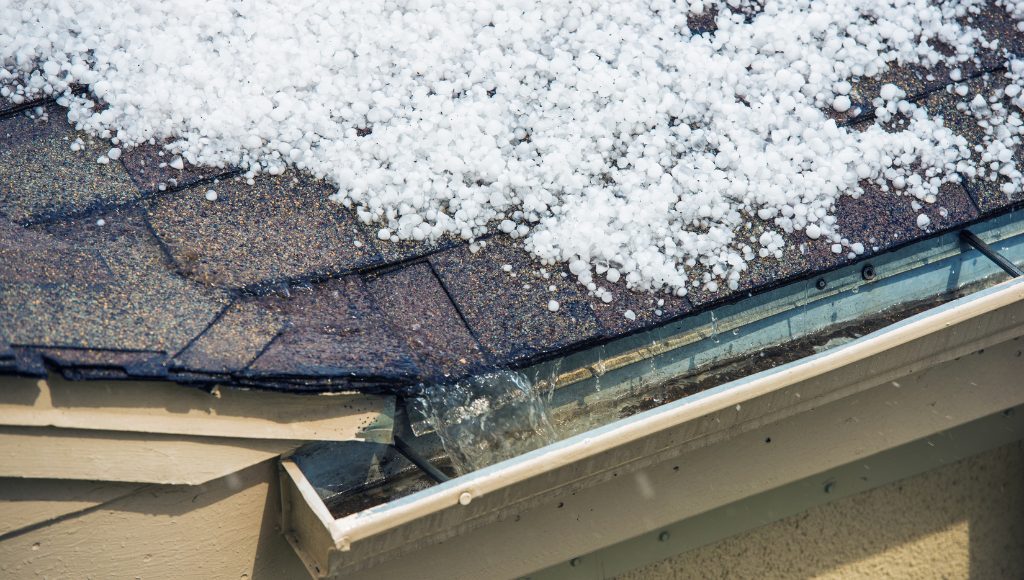 Hailstones, both large and small, cover an asphalt shingle roof. Melted snow and ice flows into the gutter.