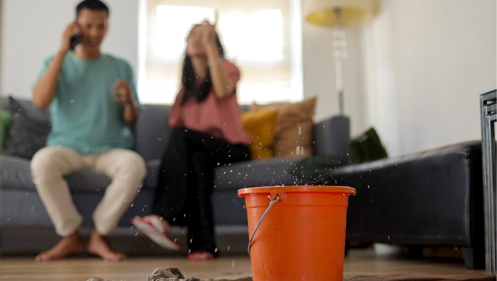 A couple sits on a couch, on the phone, while a leak from the ceiling pours into a red bucket in the foreground.