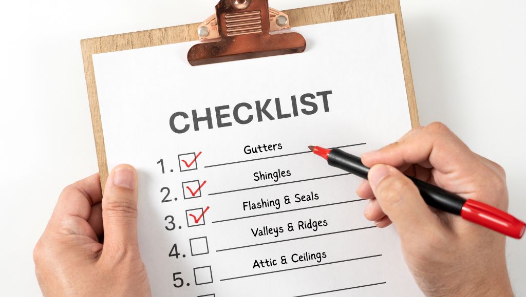 A pair of hands holding a clipboard with a checklist on it, showing what needs to be checked around the house before a monsoon. Three of the items on the list have been checked off with a red pen.
